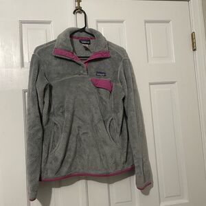 Patagonia Re-Tool SnapT Fleece Pullover Gray&Bright Pink Trim Womens Size Medium